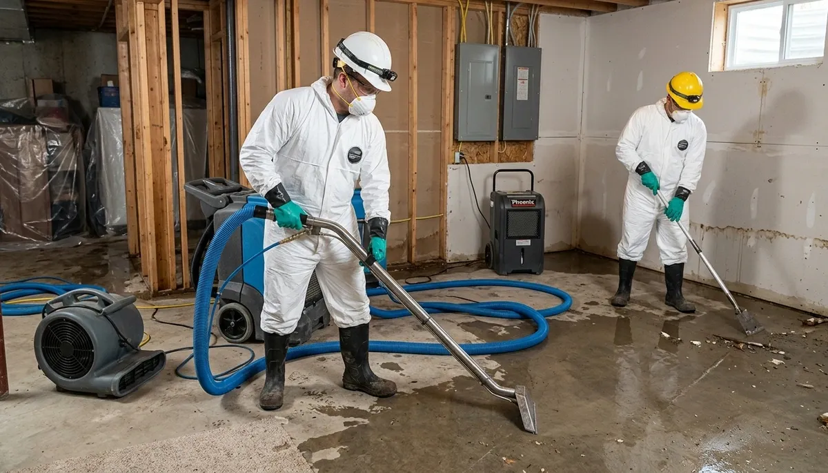 Basement flood cleanup crew in Washington, DC removing water from a flooded home basement