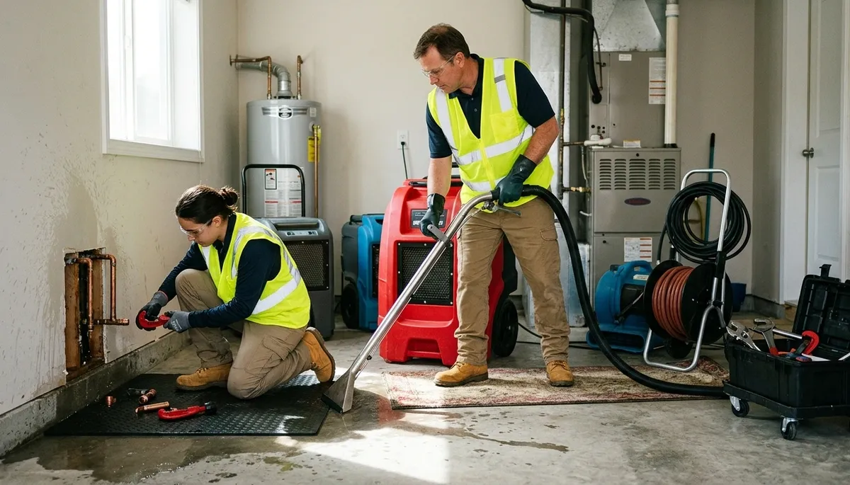 Washington, DC technicians cleaning burst pipe water damage in a home after emergency mitigation