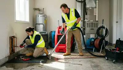 Washington, DC technicians cleaning burst pipe water damage in a home after emergency mitigation