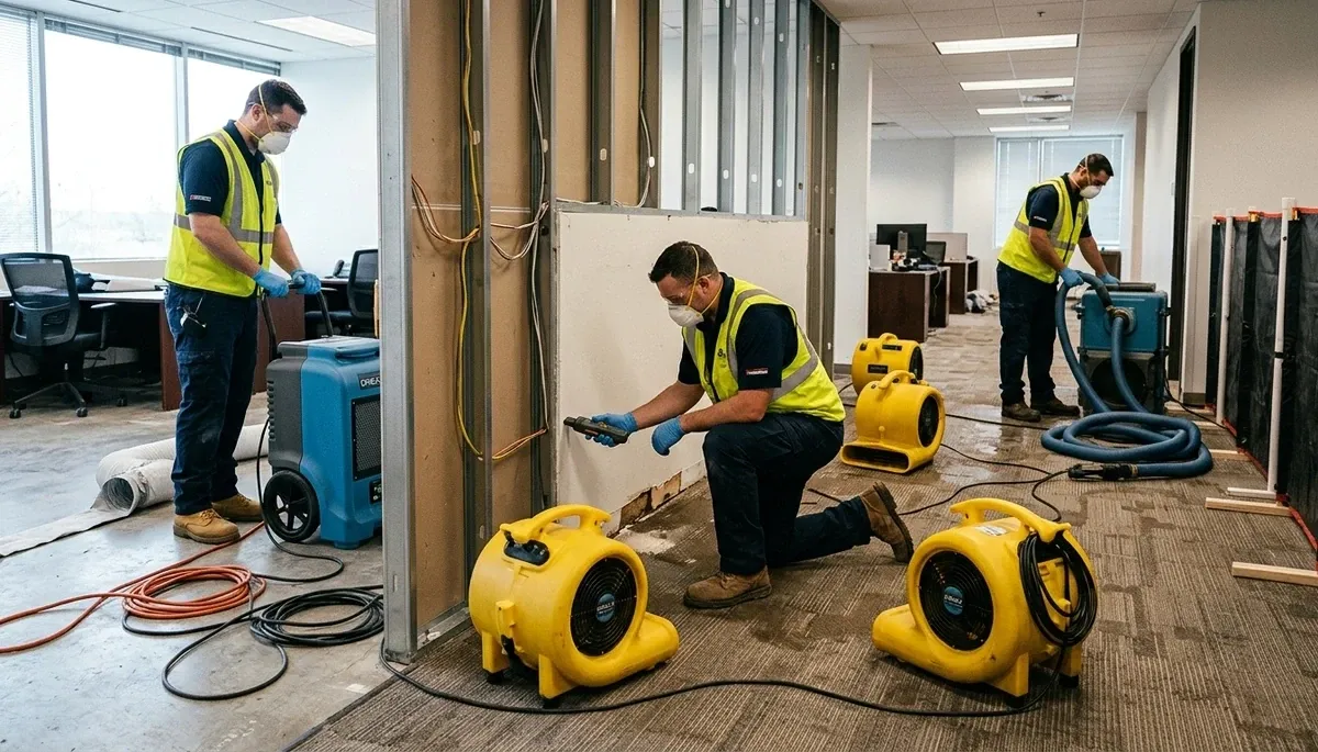 Commercial water damage restoration team in Washington, DC with drying equipment at work