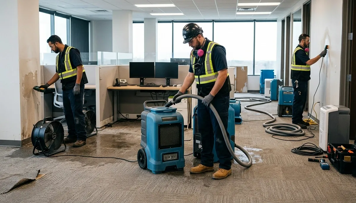 Commercial water damage restoration team in Washington, DC removing floodwater and drying property