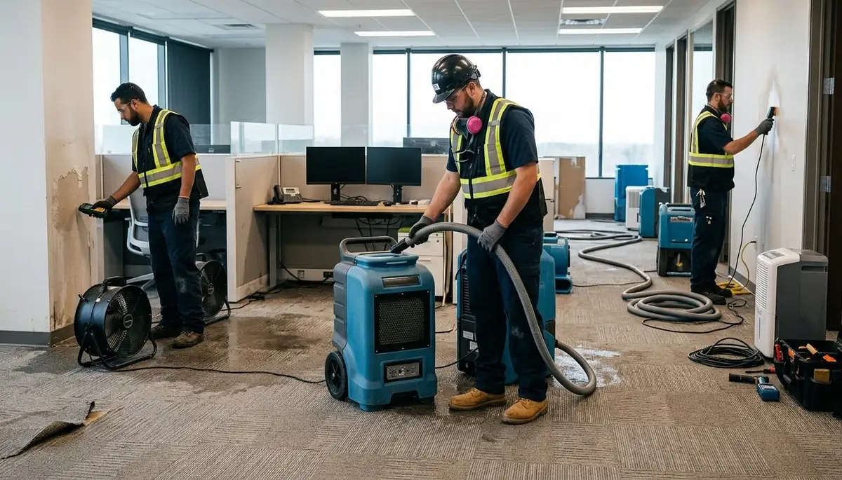 Commercial water damage restoration team in Washington, DC removing floodwater and drying property