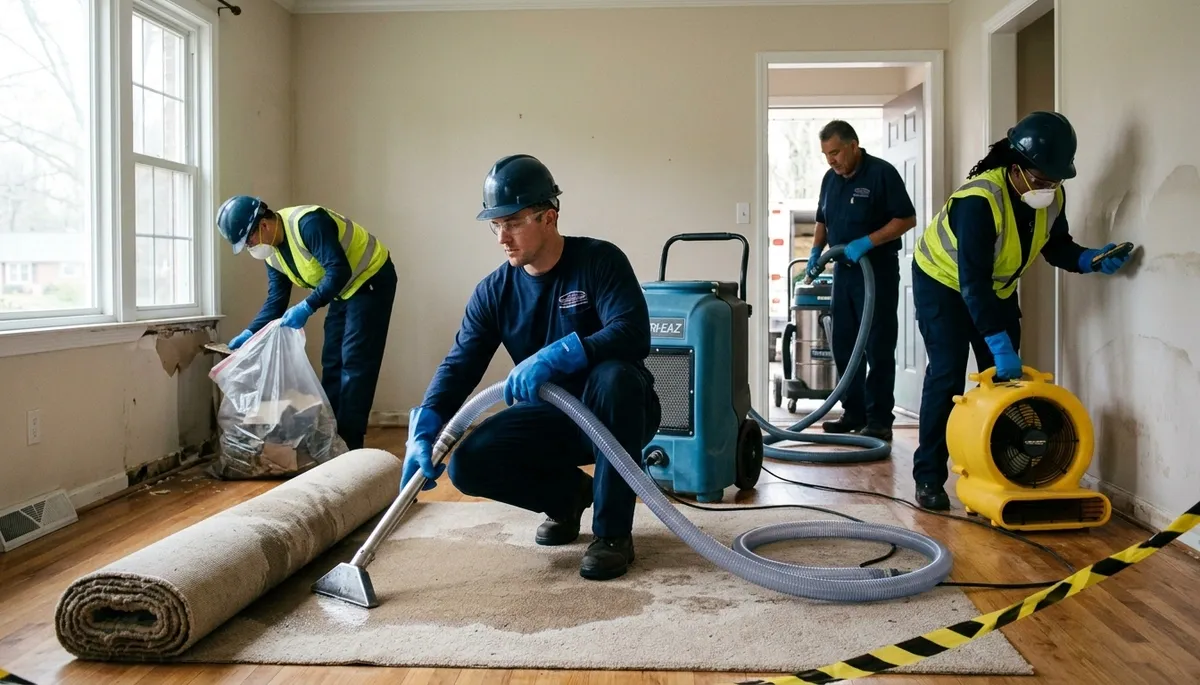 Water damage crew removing water in Washington, DC home after flooding, emergency water removal service