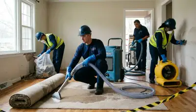 Water damage crew removing water in Washington, DC home after flooding, emergency water removal service