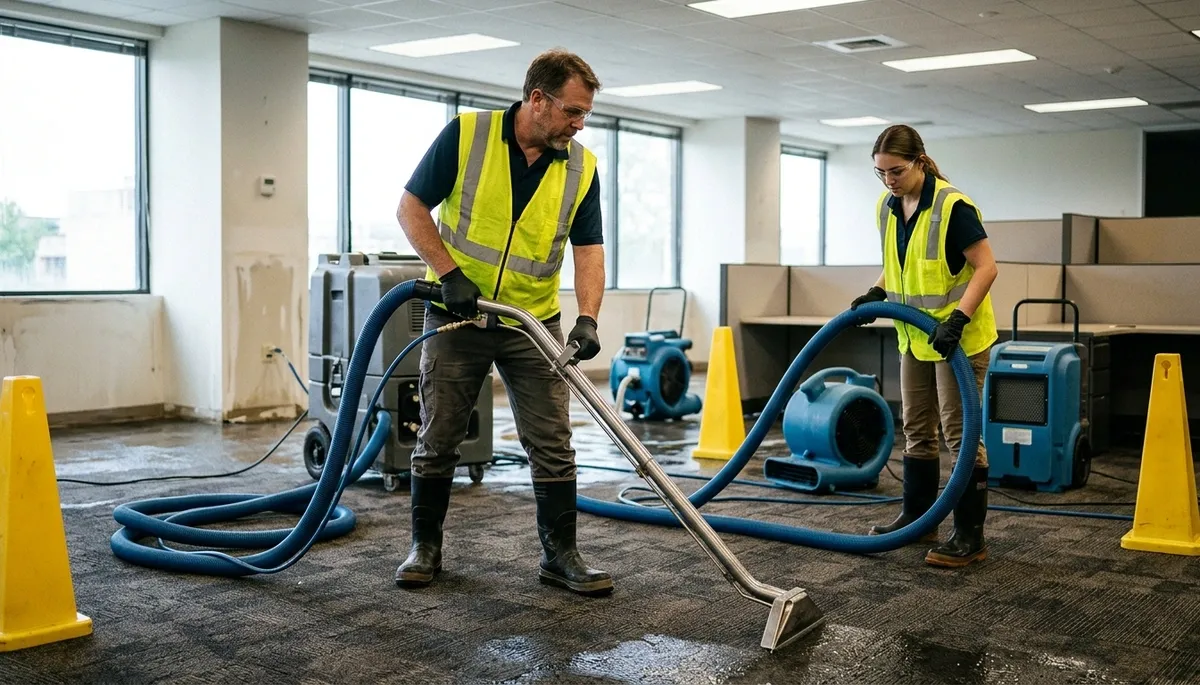 Water damage crew providing emergency water removal in Washington, DC with extraction equipment