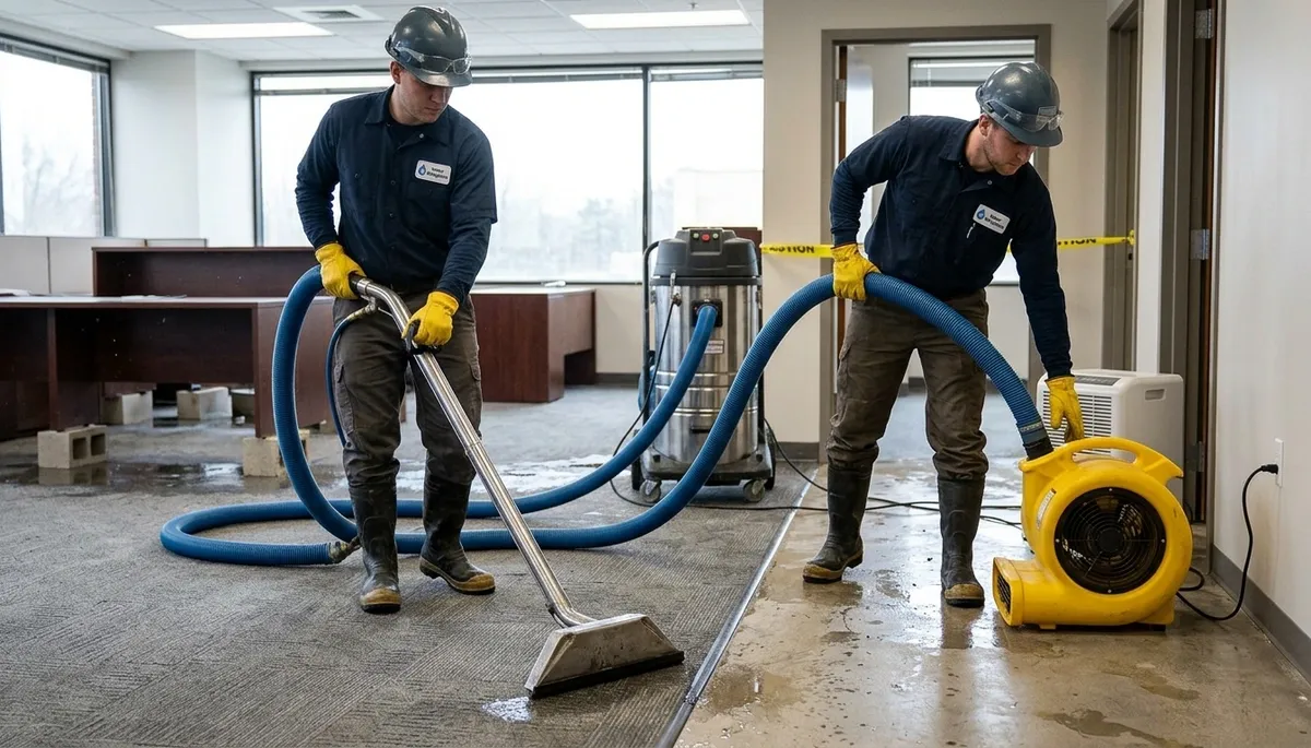 Emergency water removal crew in Washington, DC drying a flooded home after pipe burst