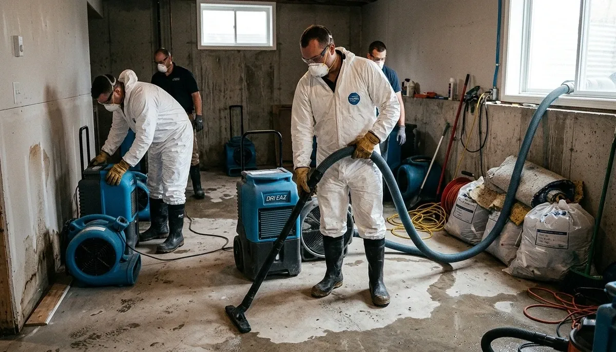 Flood damage cleanup team restoring a Washington, DC home after storm runoff and heavy rain