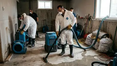 Flood damage cleanup team restoring a Washington, DC home after storm runoff and heavy rain