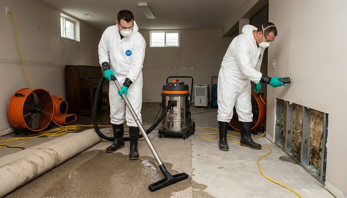 Flood damage cleanup team restoring Washington, DC home after heavy rain and storm runoff