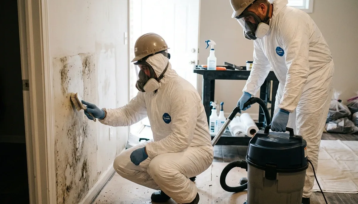 Mold removal technician inspecting water damage in Washington, DC home