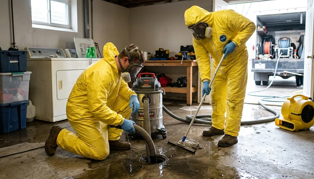 Sewer backup cleanup team servicing a Washington, DC home after water damage from heavy rain