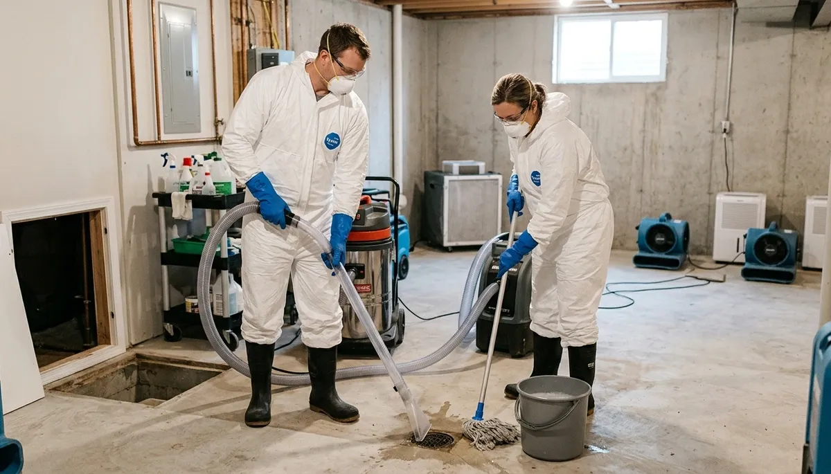 Sewer backup cleanup technician in Washington, DC restoring a flooded home with water mitigation equipment
