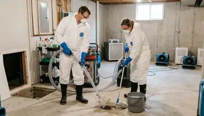 Sewer backup cleanup technician in Washington, DC restoring a flooded home with water mitigation equipment