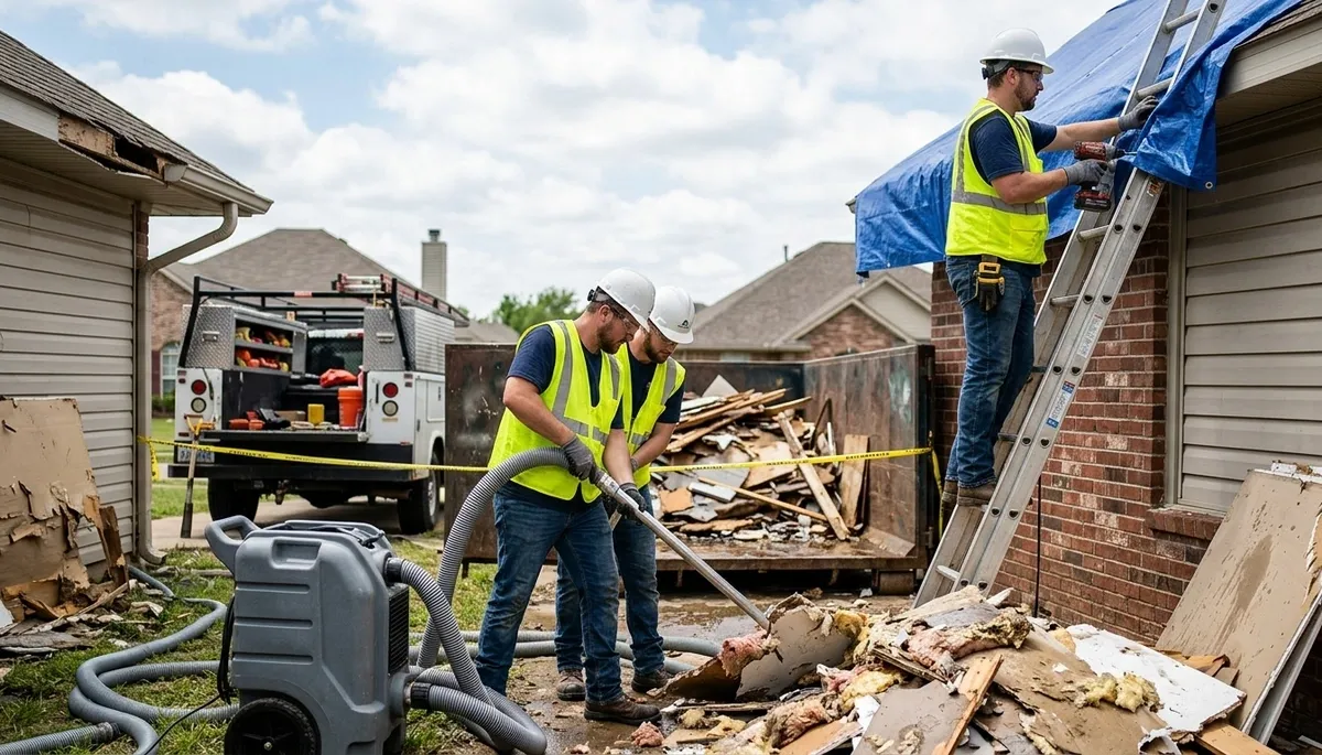 Storm damage restoration crew in Washington, DC removing water after roof leak and flooding