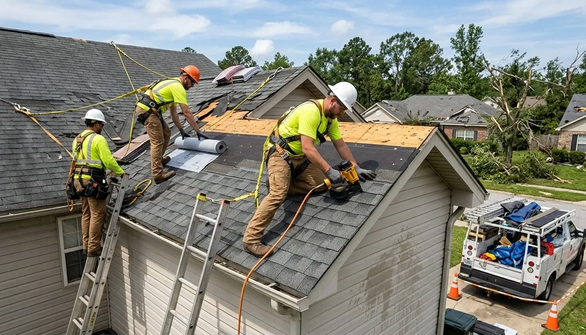 Storm damage restoration team in Washington, DC removing water from a flooded home