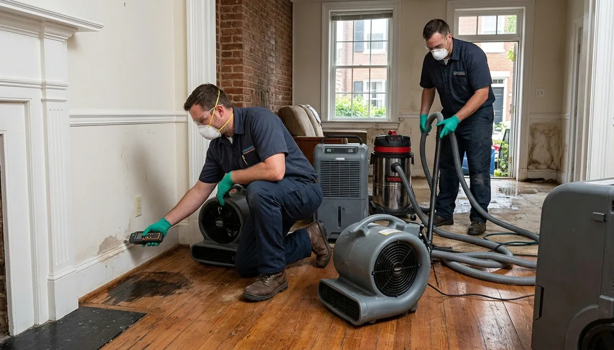 Water damage restoration team servicing a Washington, DC property after a leak