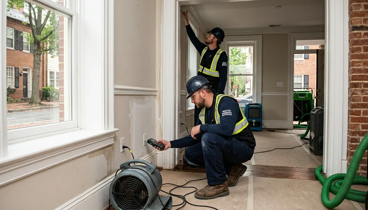 Water damage restoration team in Washington, DC inspecting a flooded property for mitigation services