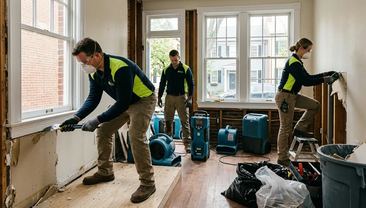 Water damage restoration team serving Washington, DC with professional mitigation equipment