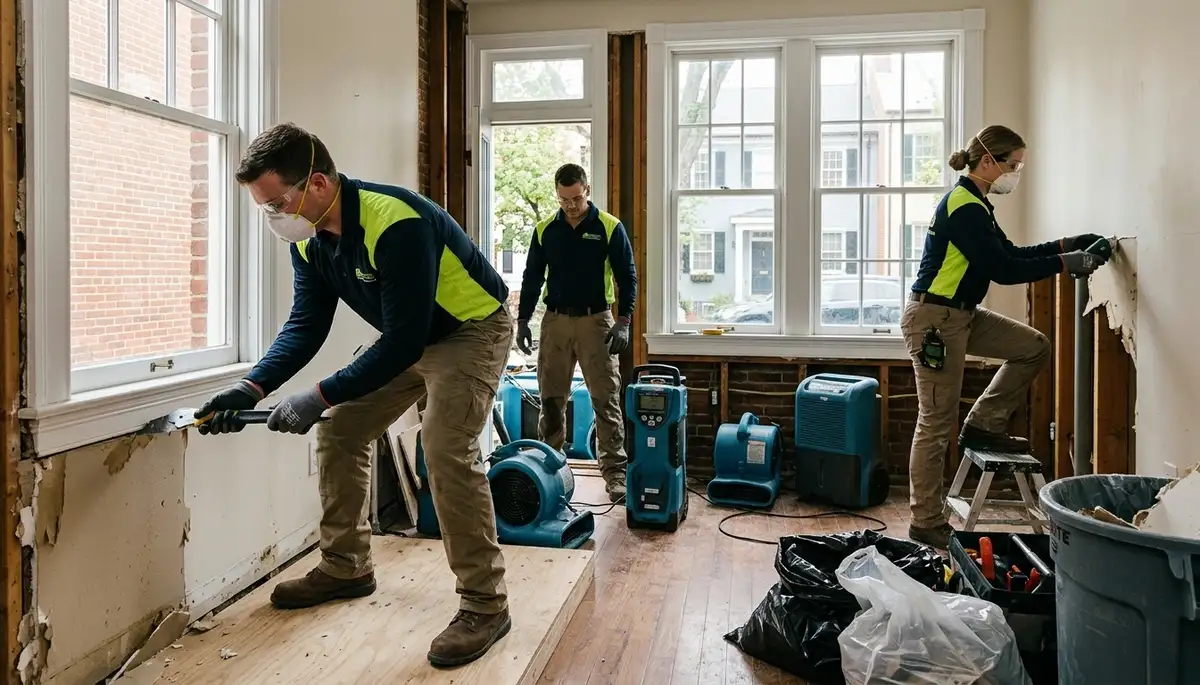 Water damage restoration team serving Washington, DC with professional mitigation equipment