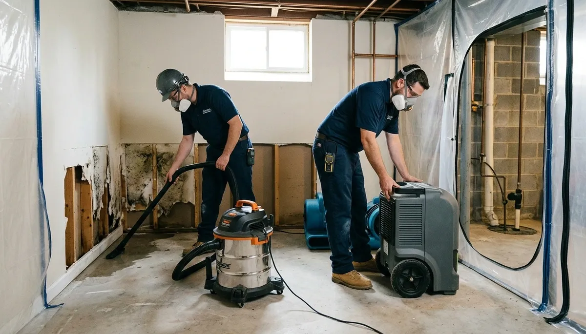 Water damage restoration team in Washington, DC inspecting a flooded property