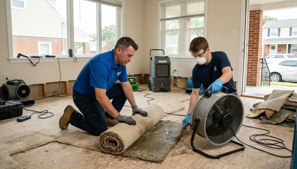 Water damage restoration team in Washington, DC using professional drying equipment
