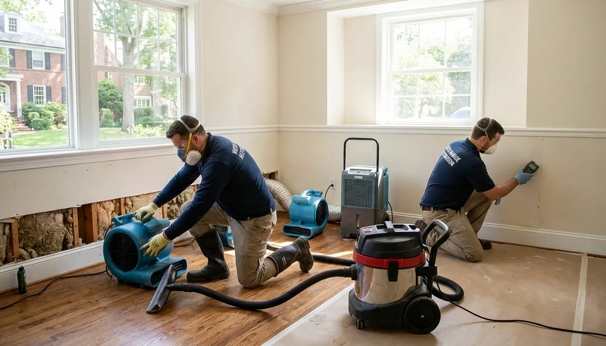 Water damage restoration crew serving Washington, DC with professional mitigation equipment