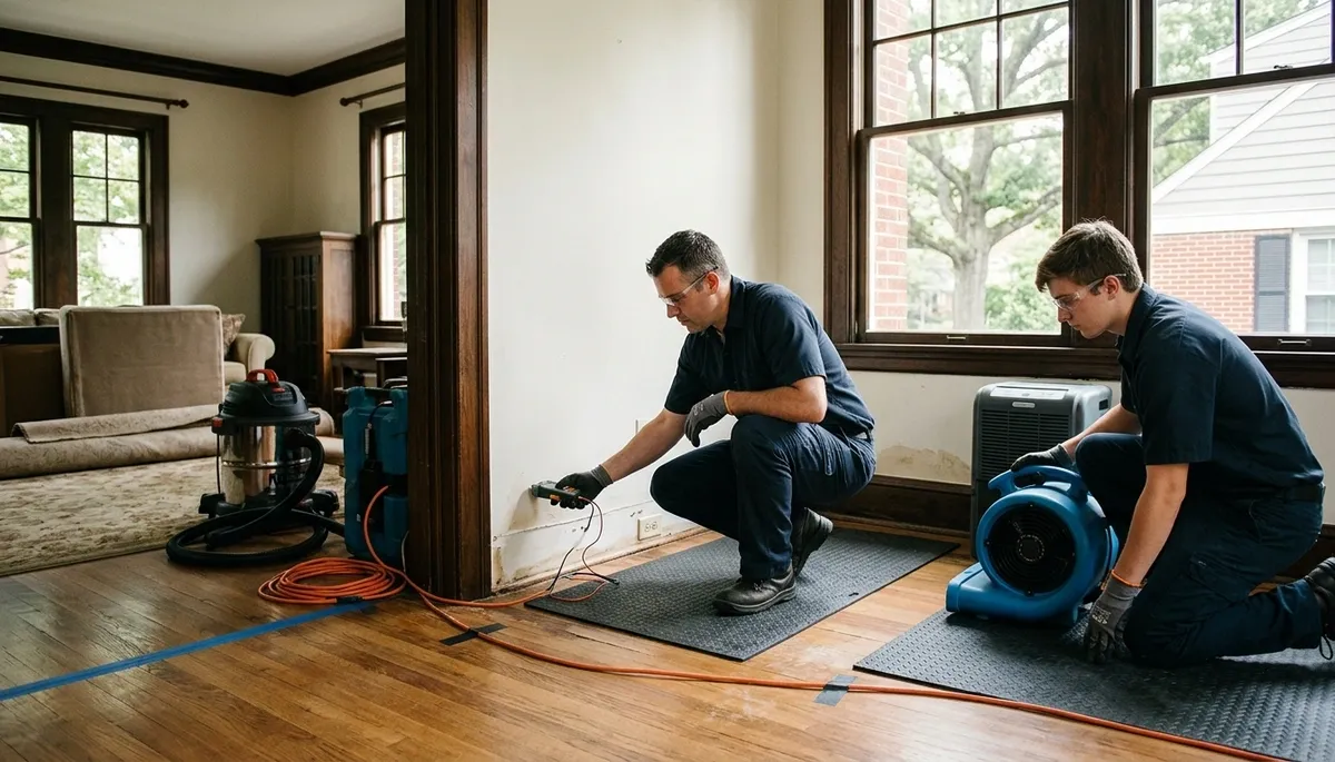 Water damage restoration crew serving Washington, DC with professional mitigation equipment