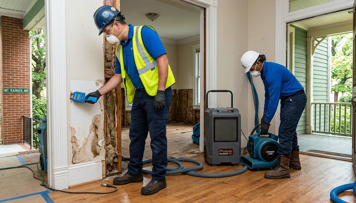 Water damage restoration team in Washington, DC inspecting a flooded property for mitigation.