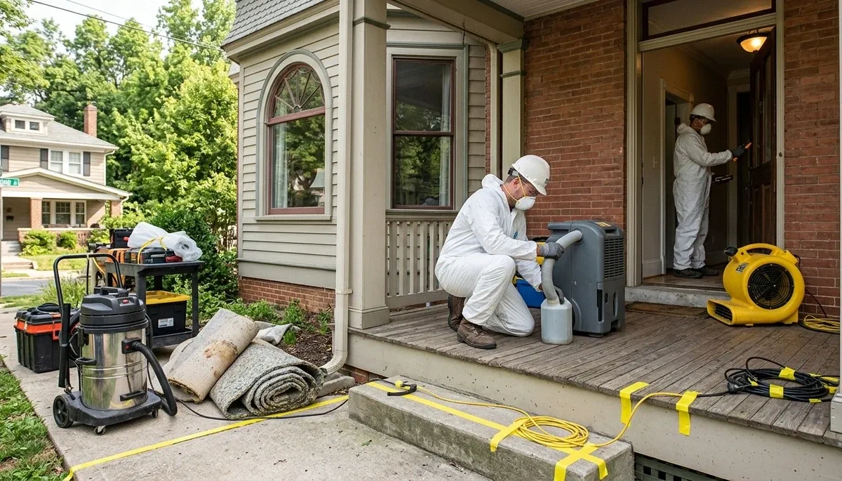 Water damage restoration crew in Washington, DC inspecting water intrusion in a commercial property