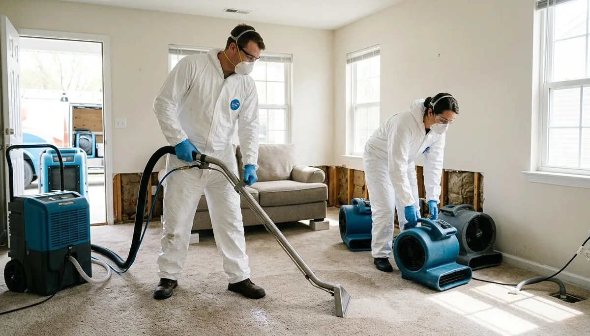 Water damage restoration crew inspecting flooded Washington, DC home for mitigation and repairs