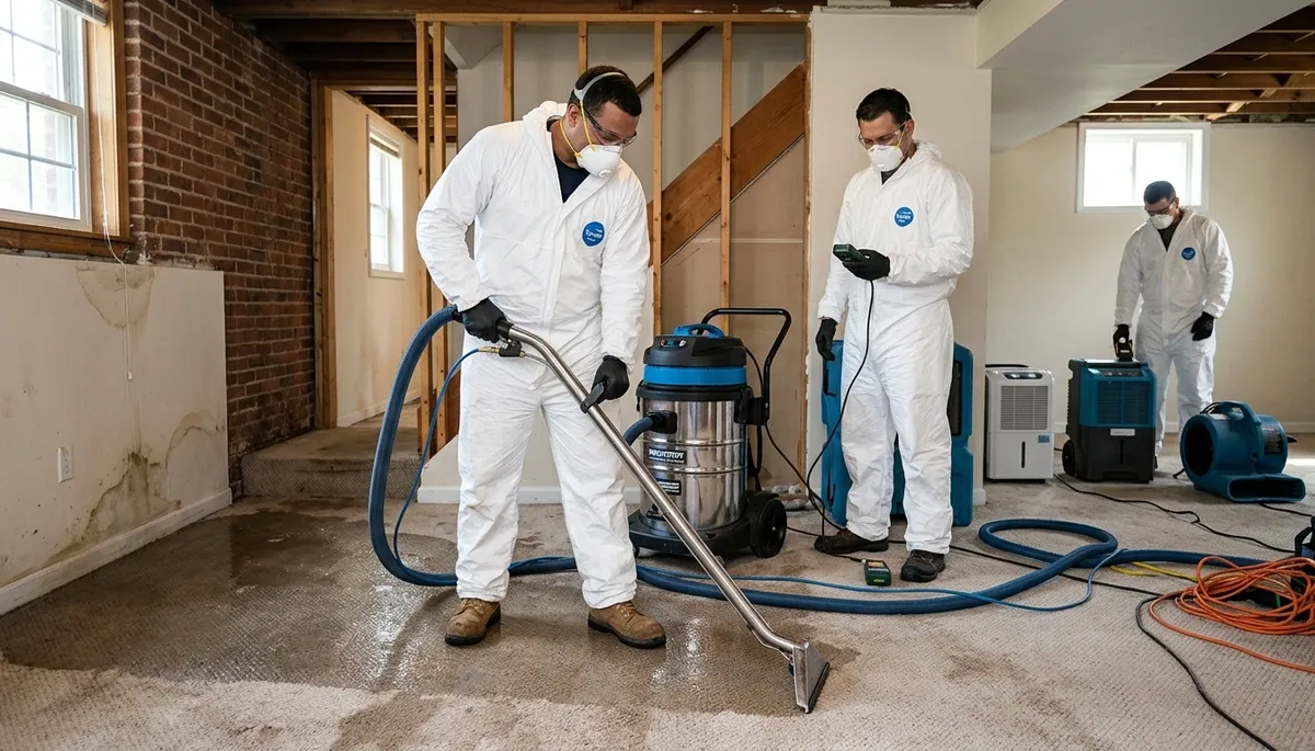Water damage restoration crew in Washington, DC inspecting water damage in a commercial property