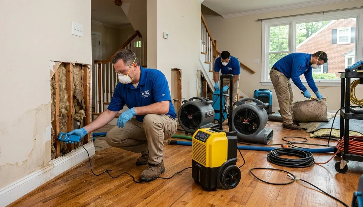 Water damage restoration team in Washington, DC inspecting flood damage in a home or business