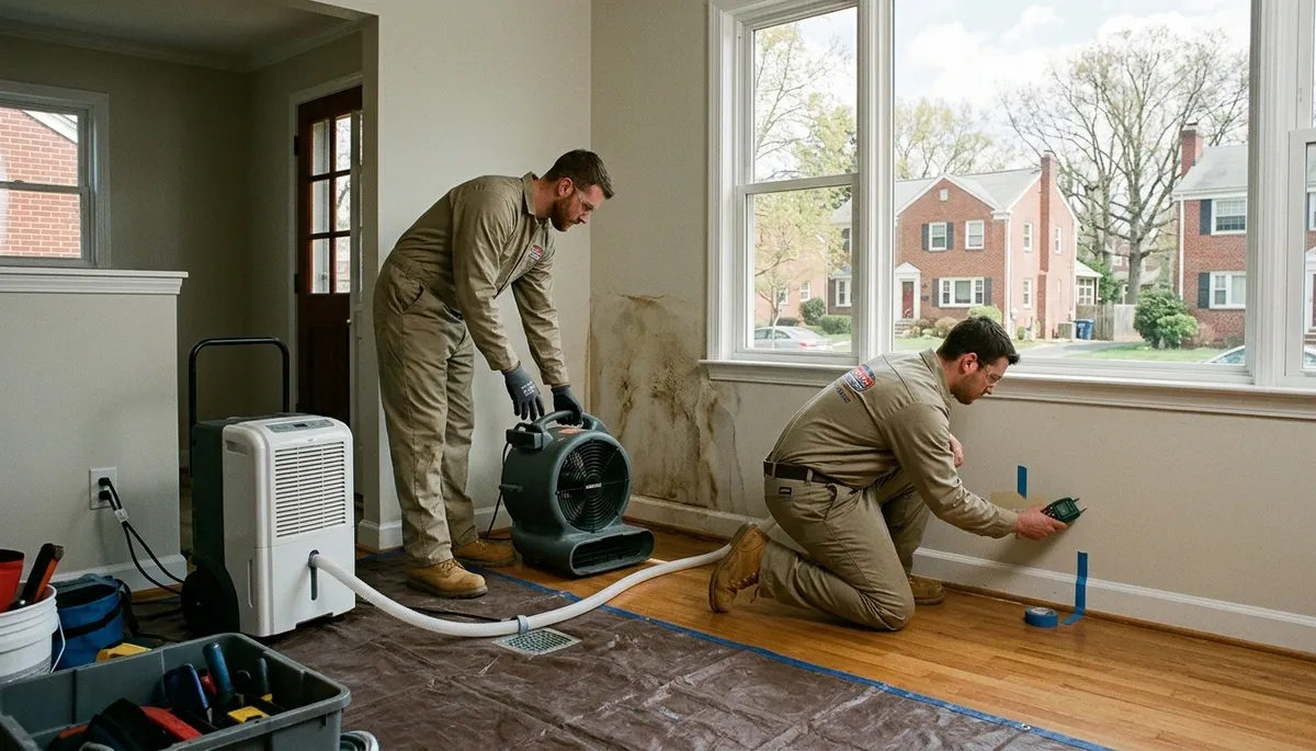 Water damage restoration team in Washington, DC inspecting a damaged property for mitigation services
