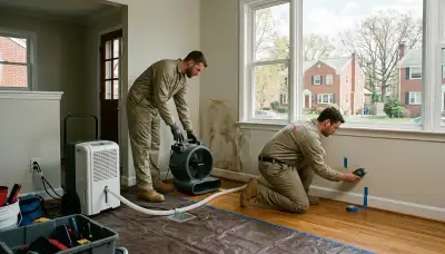 Water damage restoration team in Washington, DC inspecting a damaged property for mitigation services