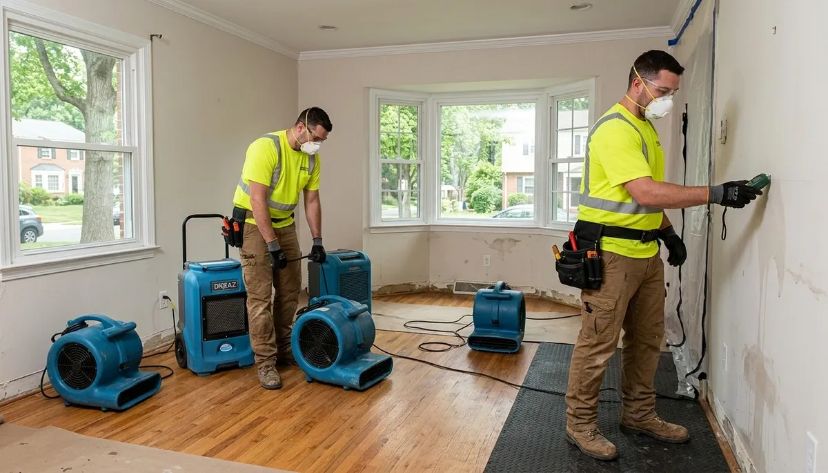 Water damage restoration crew in Washington, DC inspecting and drying a flooded property