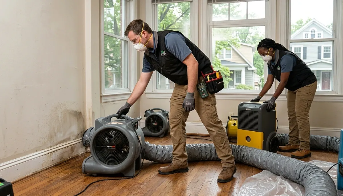 Water damage restoration team in Washington, DC inspecting flood cleanup equipment
