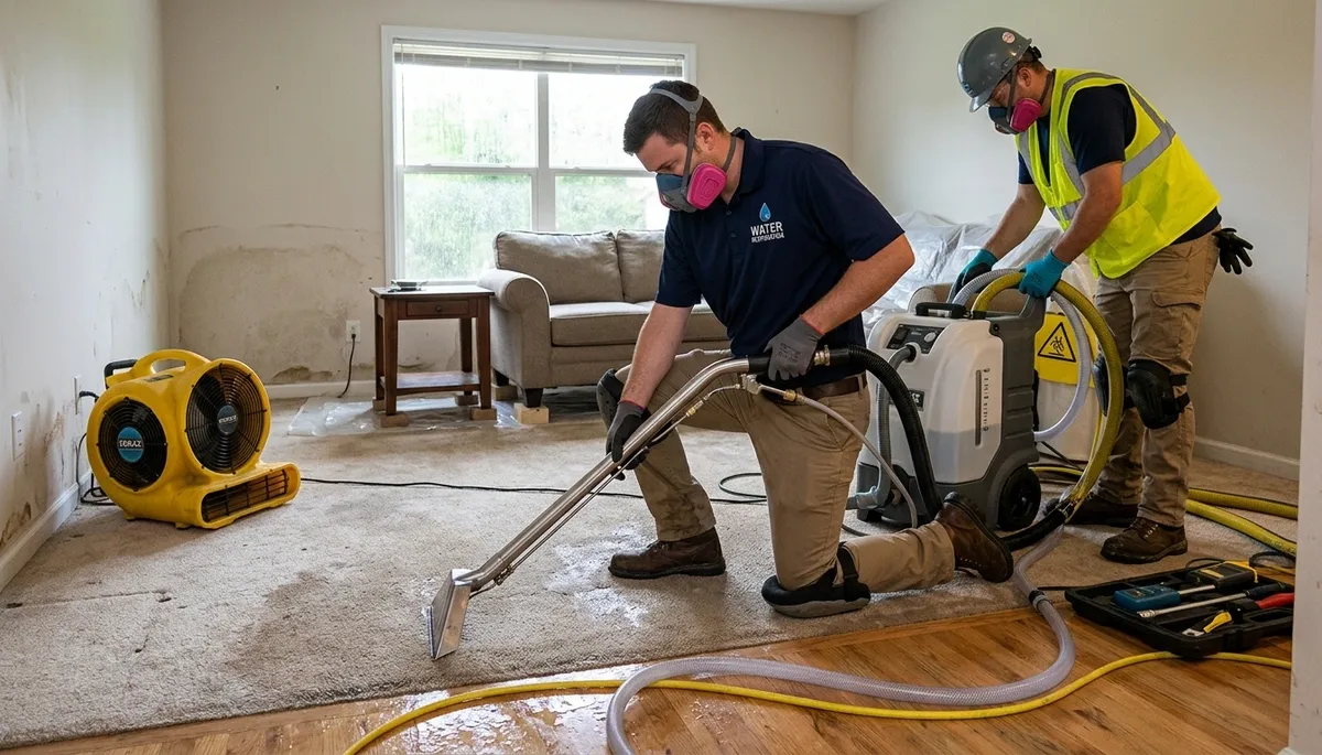 Water extraction crew in Washington, DC removing floodwater from a home with professional equipment